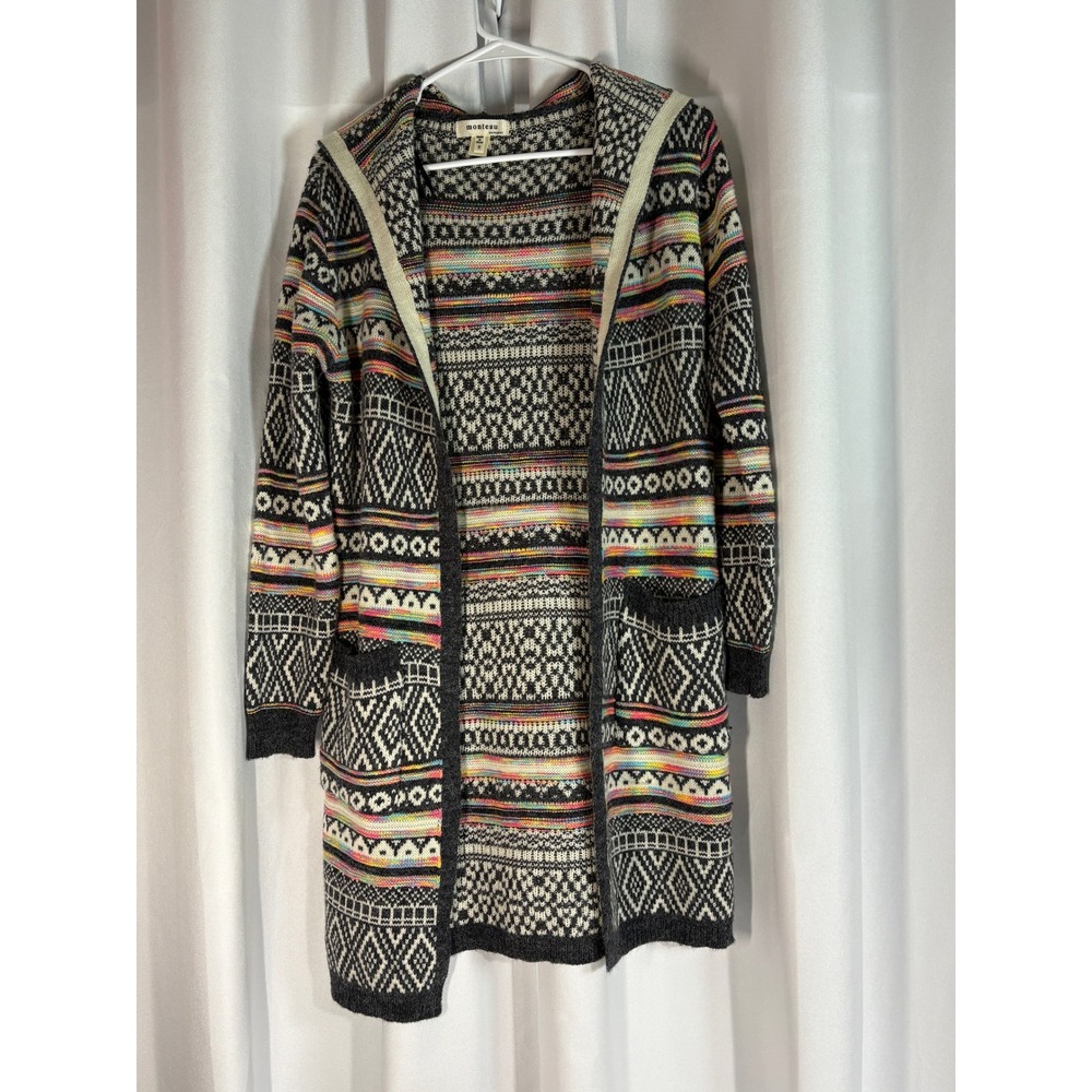 Monteau Los Angeles Hooded Cardigan Geometric Rainbow Open Front Small WC0053